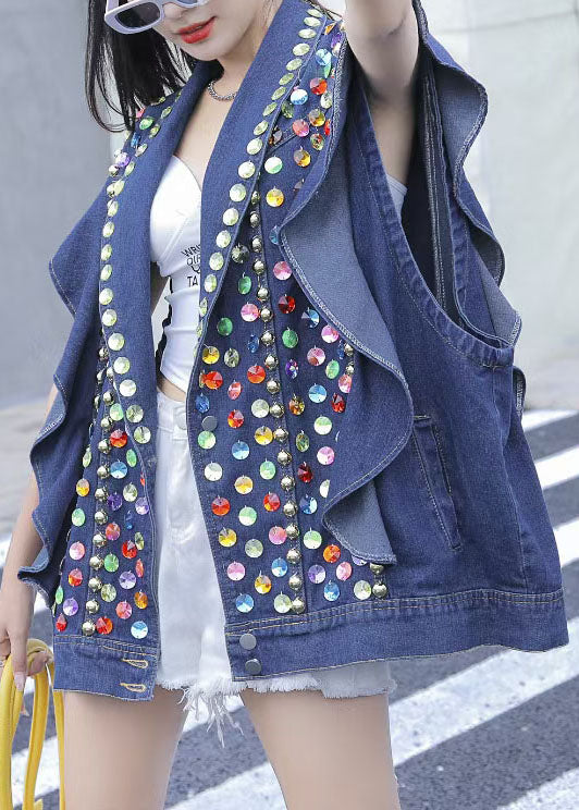 Style Blue Ruffled Nail Bead Sequins Patchwork Denim Vest Sleeveless LY5226 - fabuloryshop