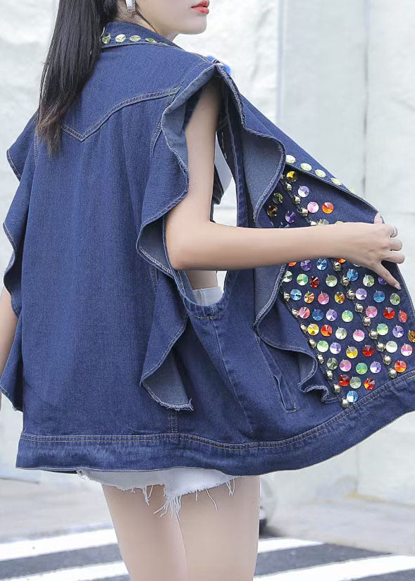 Style Blue Ruffled Nail Bead Sequins Patchwork Denim Vest Sleeveless LY5226 - fabuloryshop