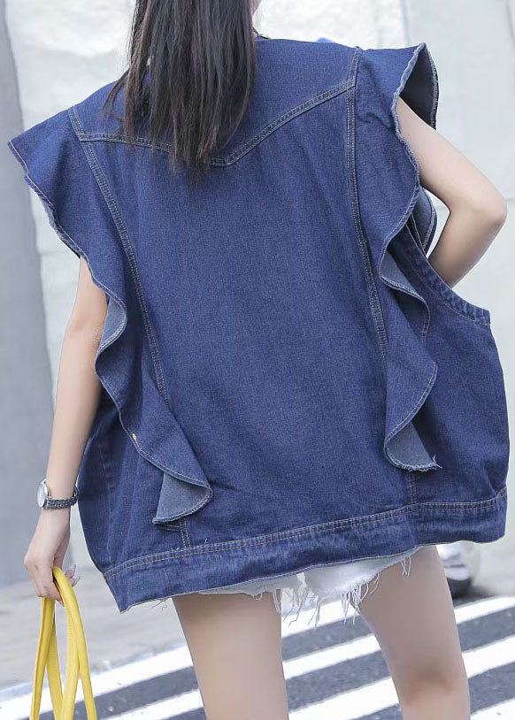 Style Blue Ruffled Nail Bead Sequins Patchwork Denim Vest Sleeveless LY5226 - fabuloryshop