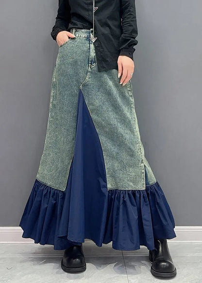 Style Blue Ruffled Pockets Patchwork Slim Fit Denim Skirt Fall Ada Fashion