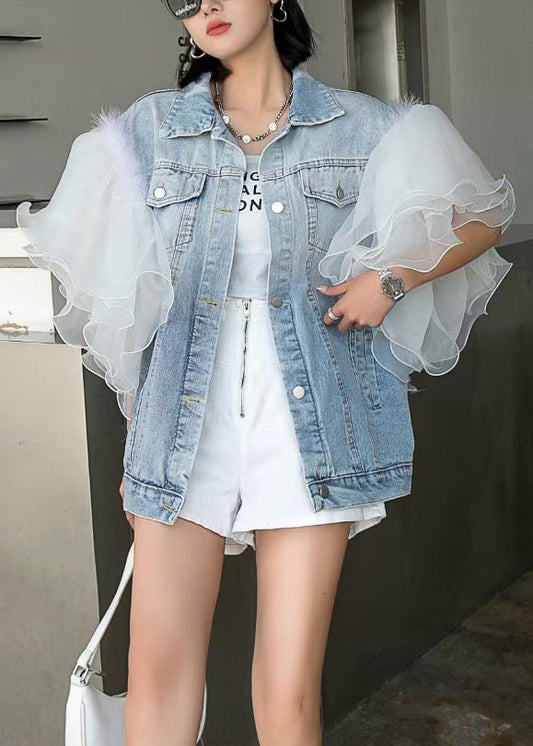 Style Blue Ruffled Tulle Patchwork Button Coats Short Sleeve LY6032 - fabuloryshop