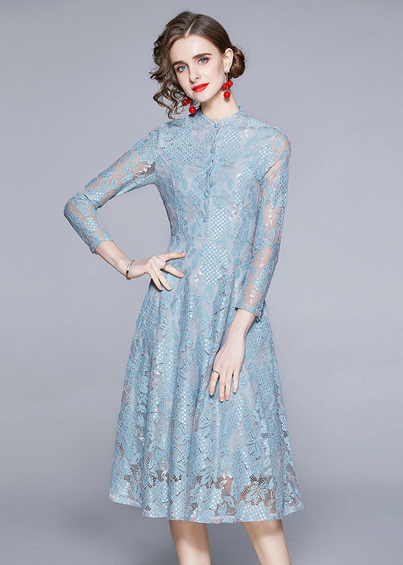 Style Blue Stand Collar Hollow Out Patchwork Lace Dress Summer LY7429 - fabuloryshop