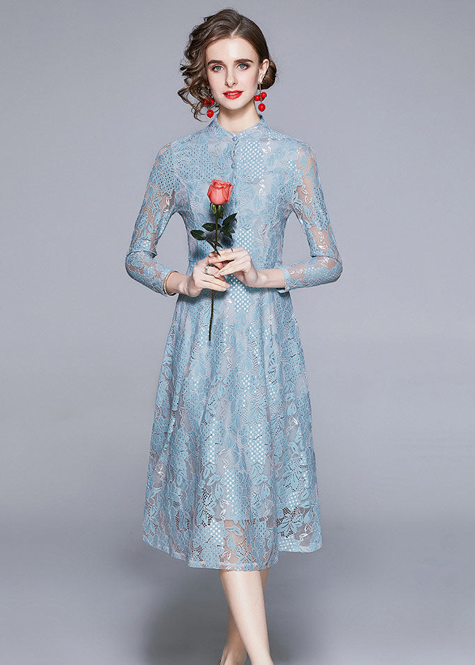 Style Blue Stand Collar Hollow Out Patchwork Lace Dress Summer LY7429 - fabuloryshop