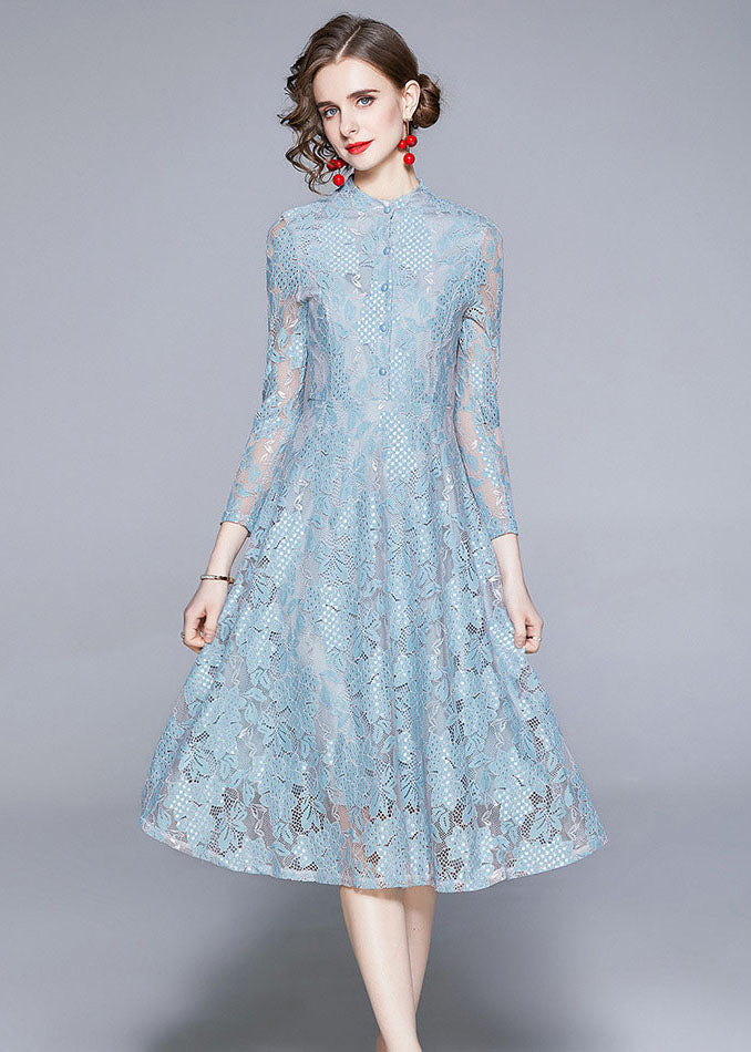 Style Blue Stand Collar Hollow Out Patchwork Lace Dress Summer LY7429 - fabuloryshop