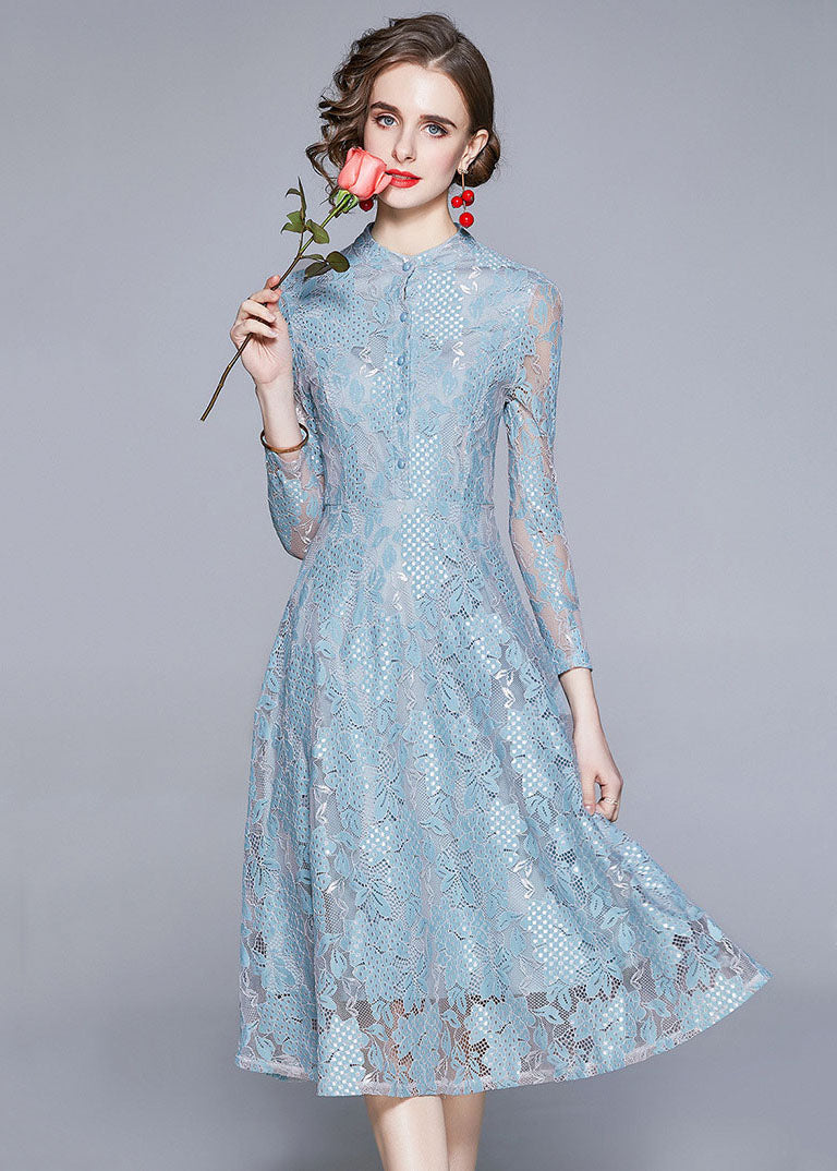 Style Blue Stand Collar Hollow Out Patchwork Lace Dress Summer LY7429 - fabuloryshop