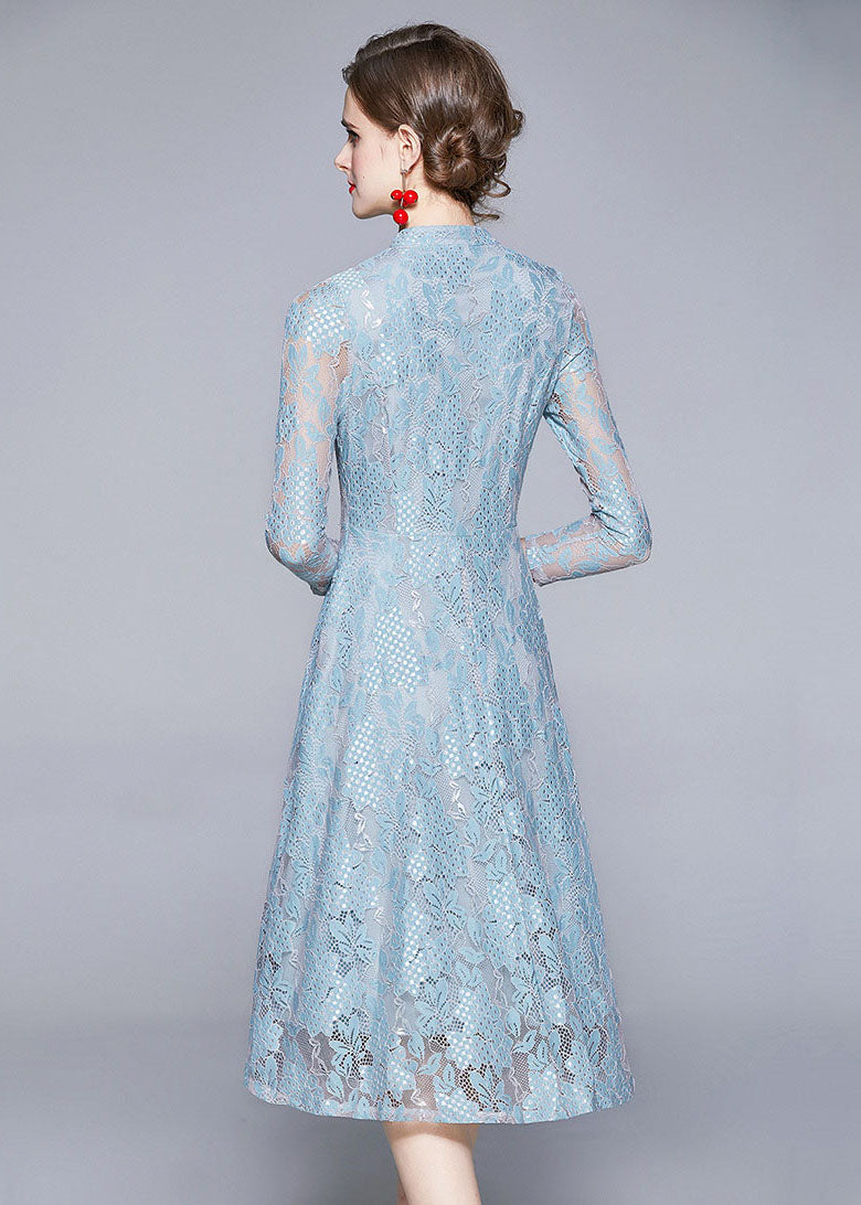 Style Blue Stand Collar Hollow Out Patchwork Lace Dress Summer LY7429 - fabuloryshop