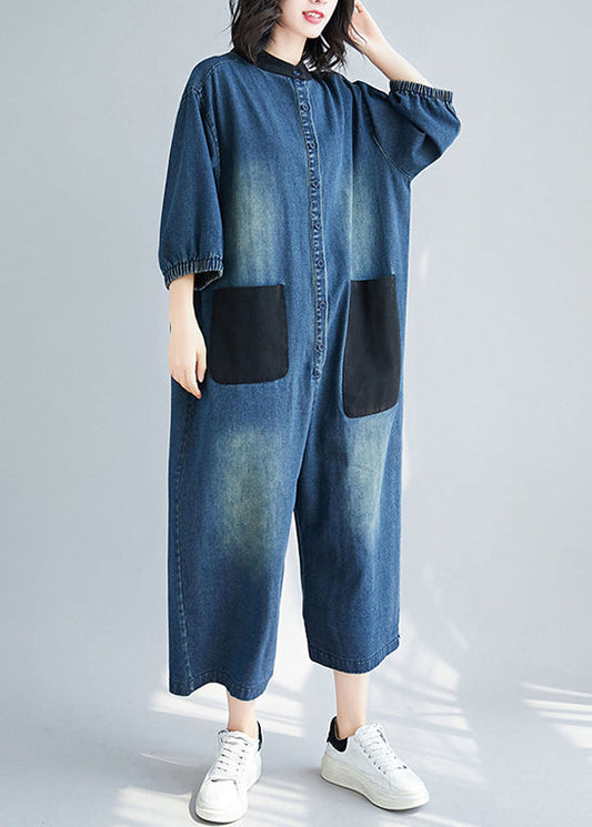 Style Blue Stand Collar Oversized Patchwork Pockets Denim Jumpsuits Summer LY2371