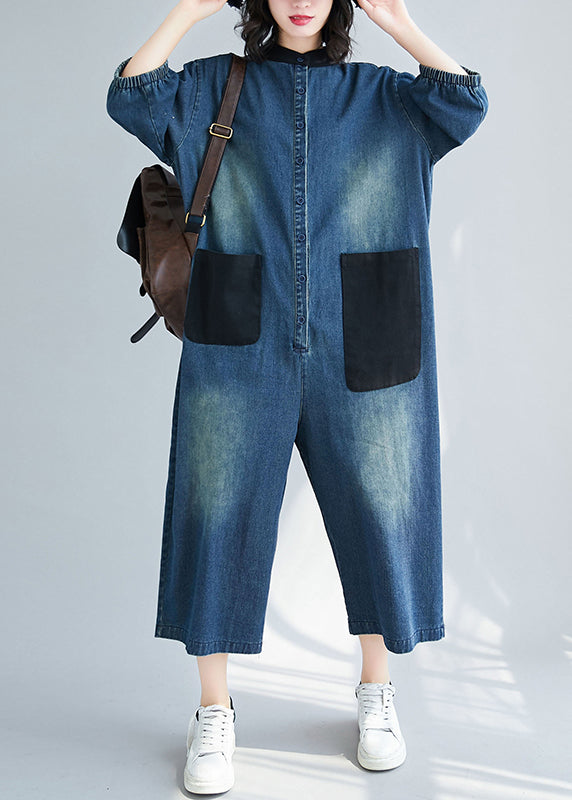 Style Blue Stand Collar Oversized Patchwork Pockets Denim Jumpsuits Summer LY2371