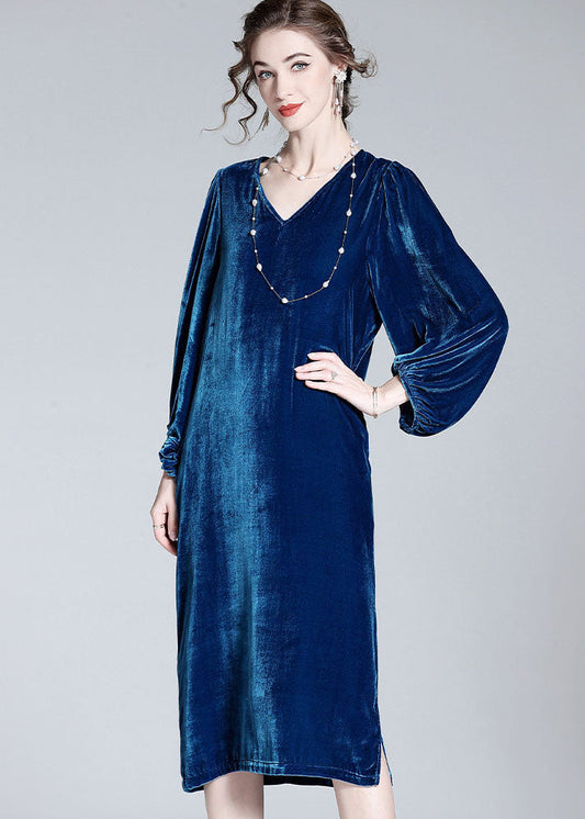 Style Blue V Neck Patchwork Wrinkled Silk Velour Dresses Spring LY0110 - fabuloryshop
