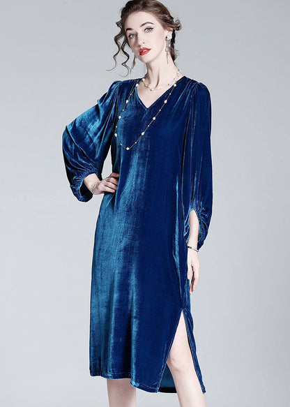 Style Blue V Neck Patchwork Wrinkled Silk Velour Dresses Spring LY0110 - fabuloryshop