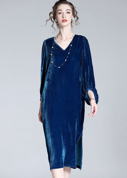 Style Blue V Neck Patchwork Wrinkled Silk Velour Dresses Spring LY0110 - fabuloryshop