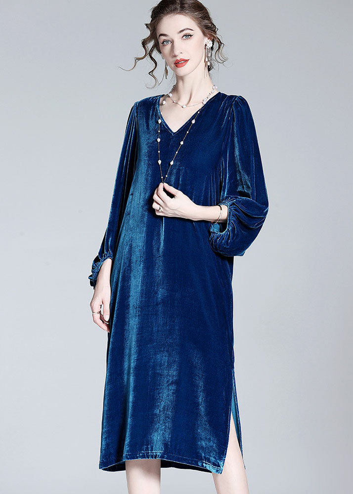 Style Blue V Neck Patchwork Wrinkled Silk Velour Dresses Spring LY0110 - fabuloryshop