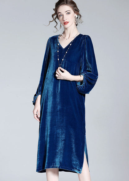 Style Blue V Neck Patchwork Wrinkled Silk Velour Dresses Spring LY0110 - fabuloryshop