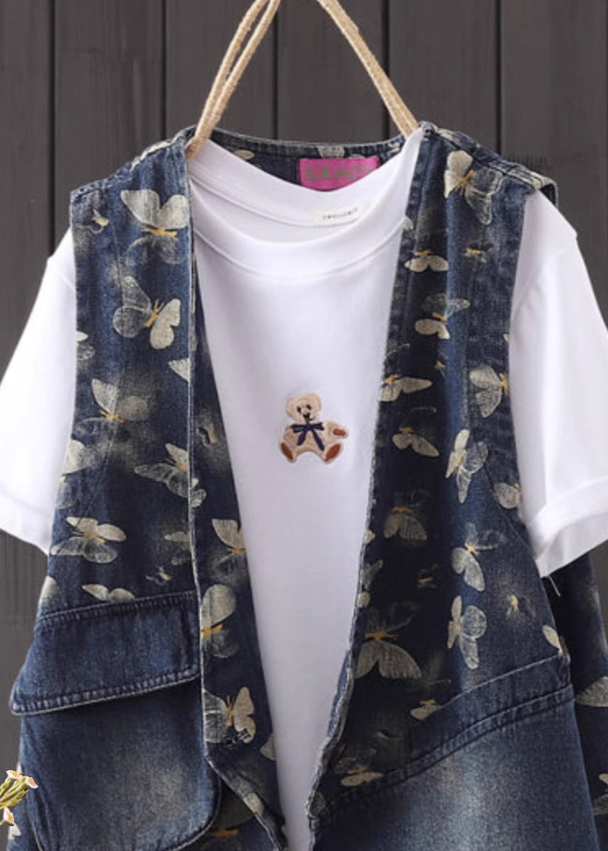 Style Blue V Neck Print Pockets Denim Coats Fall Ada Fashion