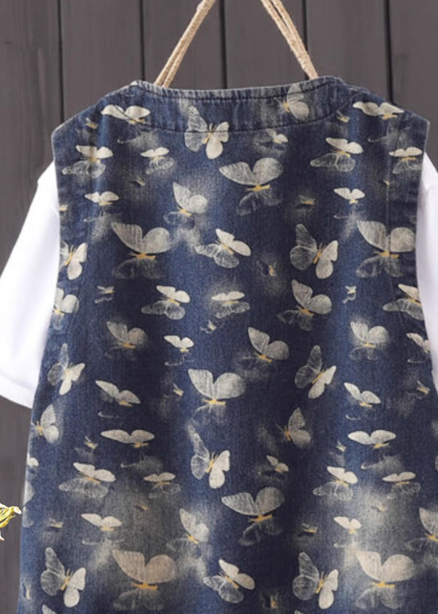 Style Blue V Neck Print Pockets Denim Coats Fall Ada Fashion