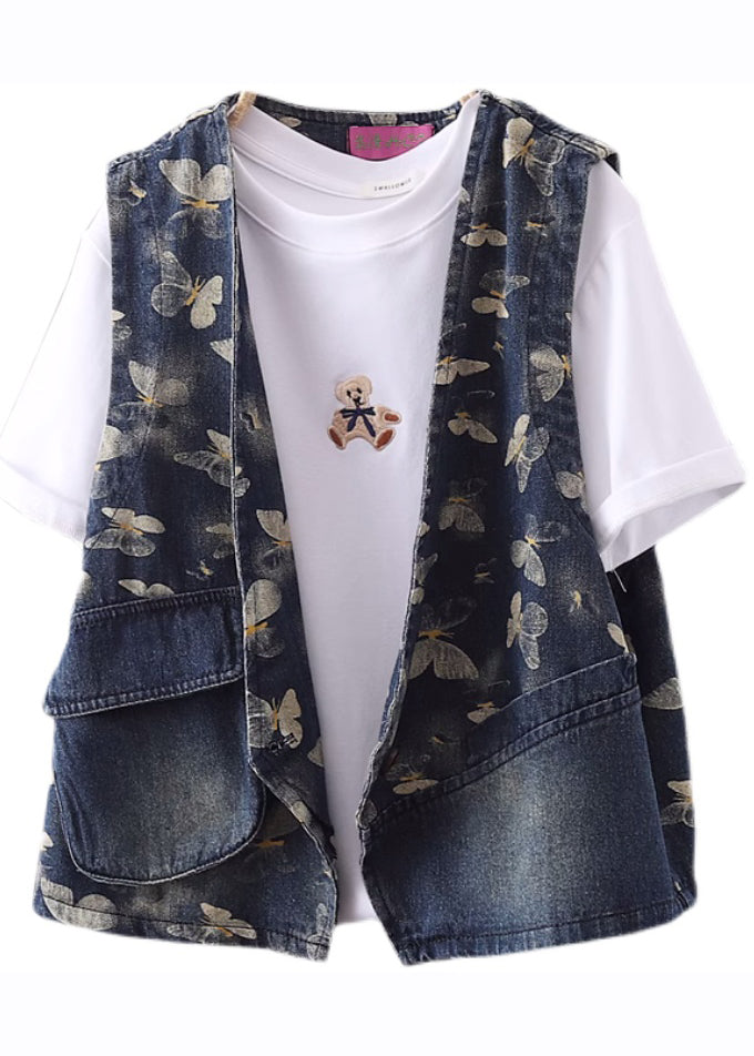 Style Blue V Neck Print Pockets Denim Coats Fall Ada Fashion