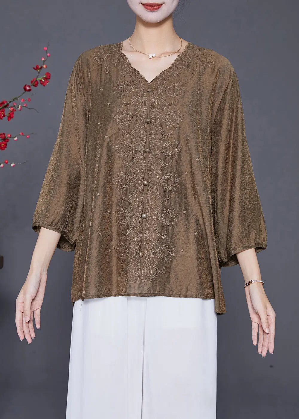 Style Chocolate V Neck Embroideried Silk Tops Bracelet Sleeve Ada Fashion