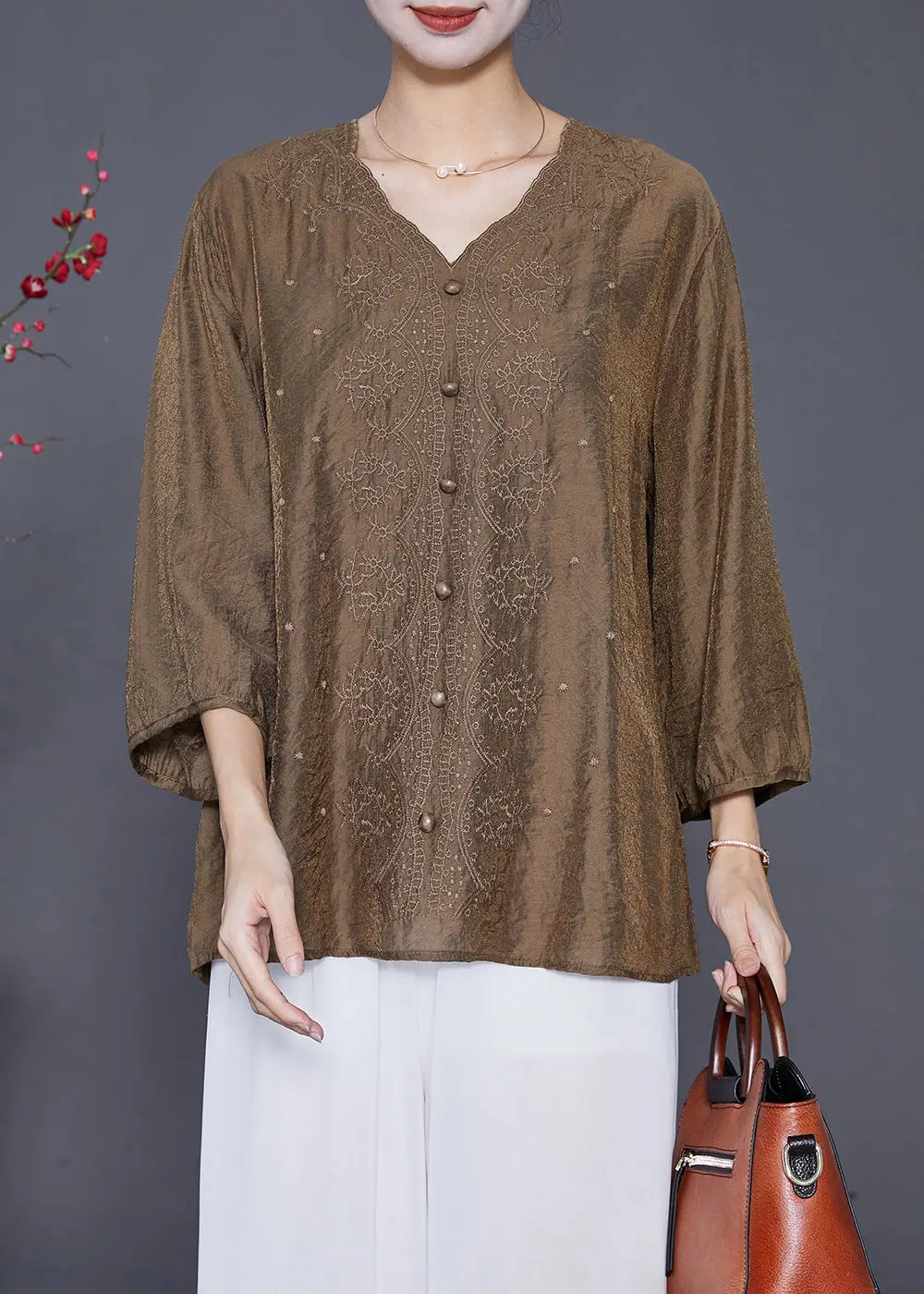 Style Chocolate V Neck Embroideried Silk Tops Bracelet Sleeve Ada Fashion