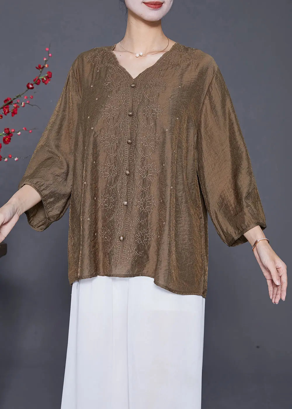 Style Chocolate V Neck Embroideried Silk Tops Bracelet Sleeve Ada Fashion