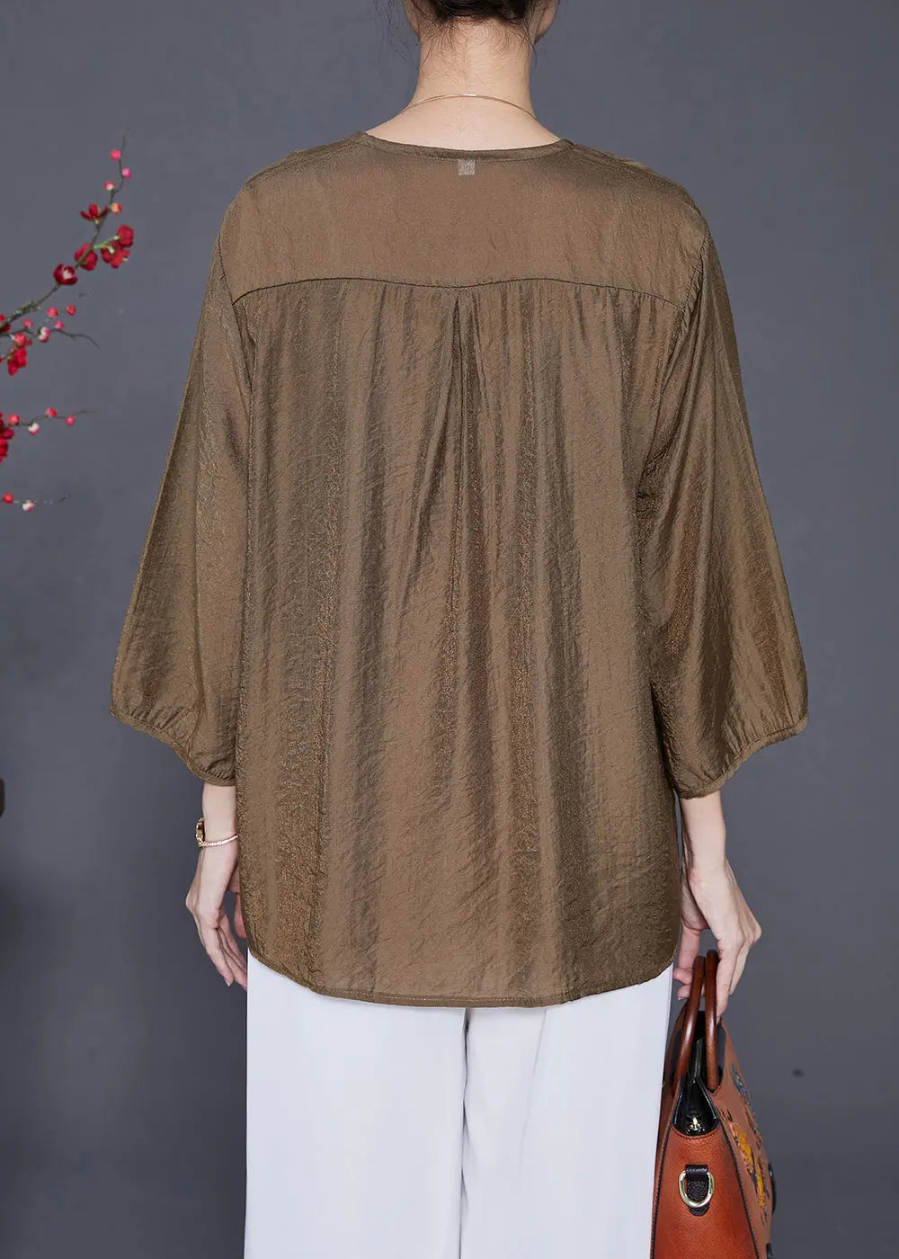 Style Chocolate V Neck Embroideried Silk Tops Bracelet Sleeve Ada Fashion