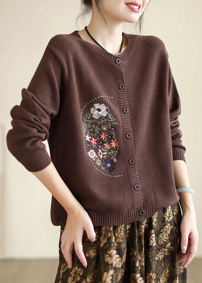 Style Coffee Embroideried Button Patchwork Knitting Coats Fall Ada Fashion