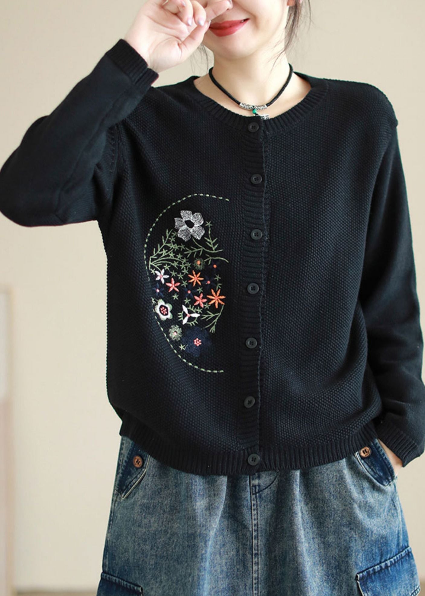 Style Coffee Embroideried Button Patchwork Knitting Coats Fall Ada Fashion