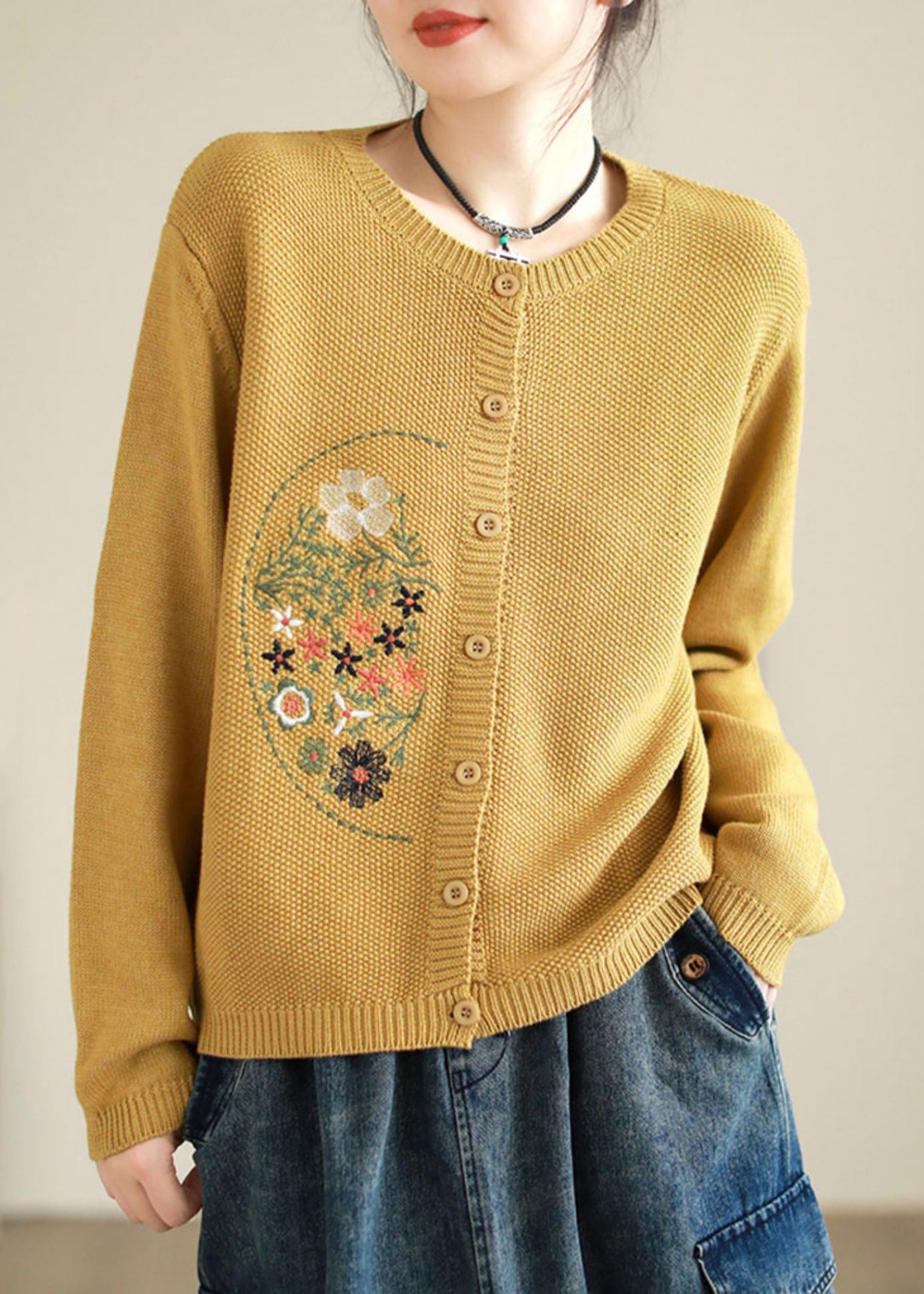 Style Coffee Embroideried Button Patchwork Knitting Coats Fall Ada Fashion