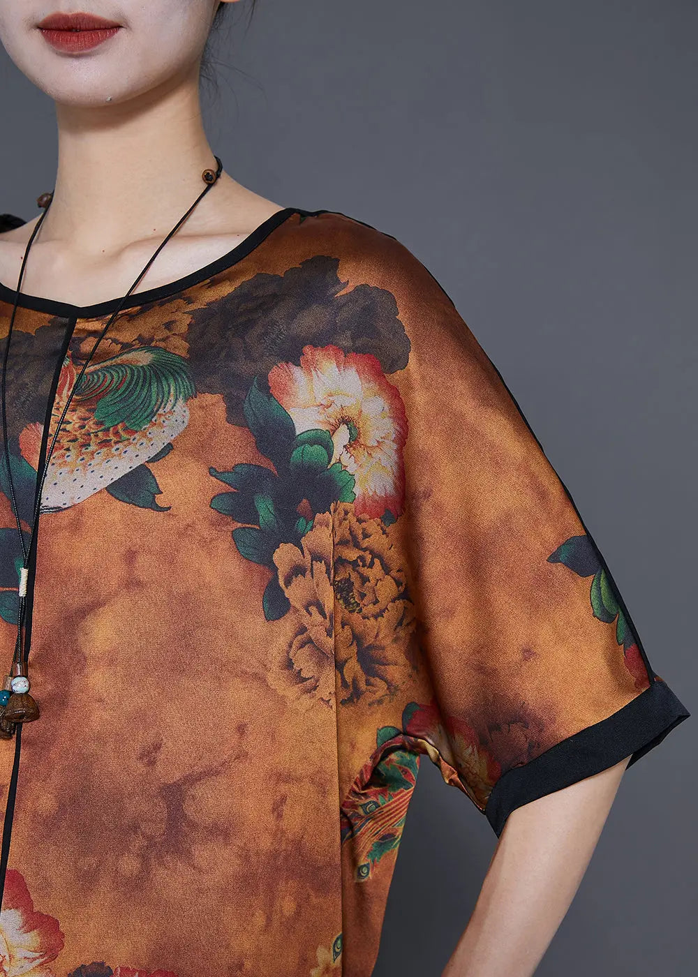Style Coffee Oversized Patchwork Print Silk Two Pieces Set Summer Ada Fashion