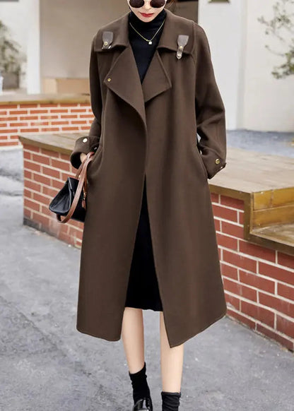 Style Coffee Pockets Patchwork Cashmere Woolen Long Coats Fall Ada Fashion