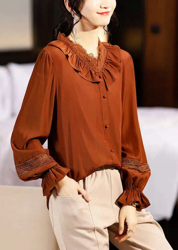 Style Coffee Ruffled Button Patchwork Cotton Blouse Top Fall Ada Fashion