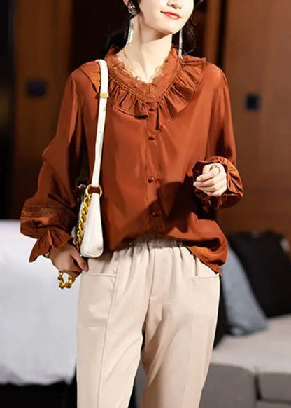 Style Coffee Ruffled Button Patchwork Cotton Blouse Top Fall Ada Fashion