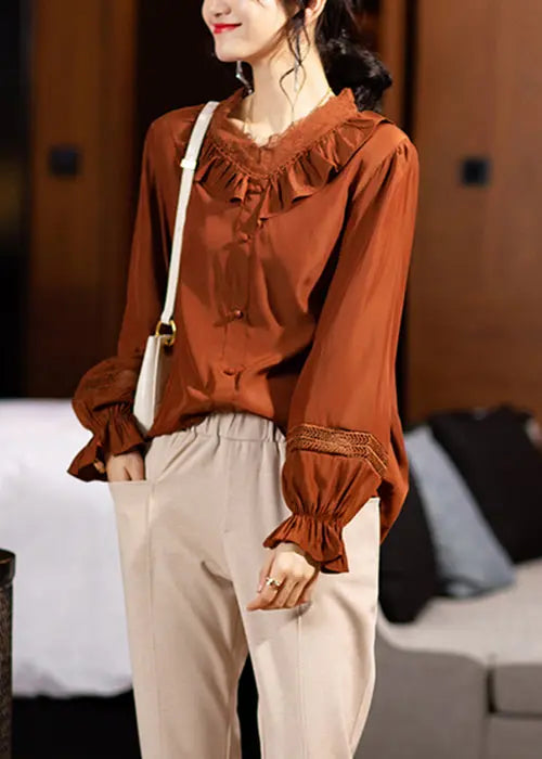 Style Coffee Ruffled Button Patchwork Cotton Blouse Top Fall Ada Fashion