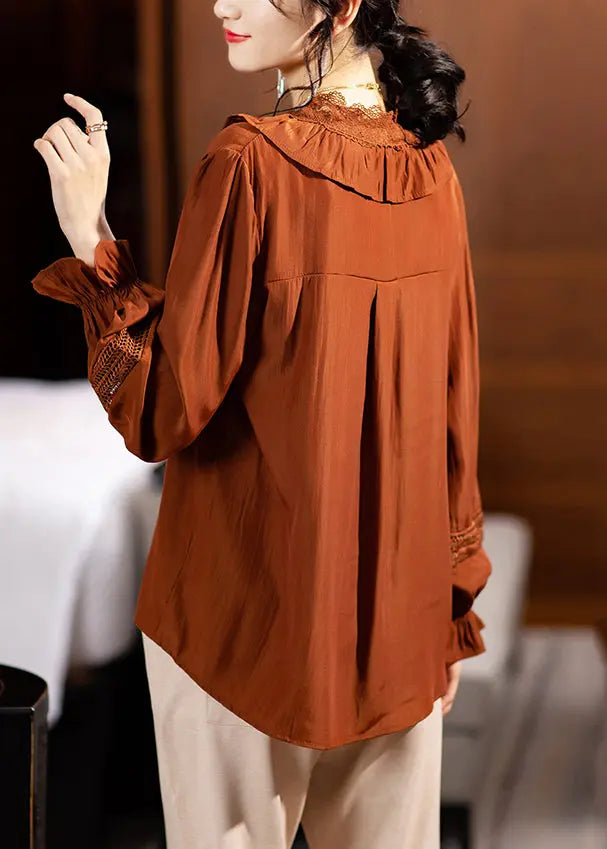 Style Coffee Ruffled Button Patchwork Cotton Blouse Top Fall Ada Fashion