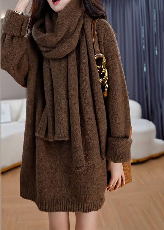 Style Coffee V Neck Oversized Knit Sweater Dress Winter Ada Fashion