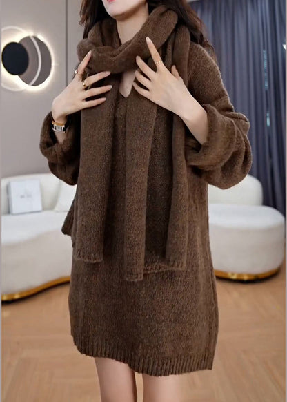 Style Coffee V Neck Oversized Knit Sweater Dress Winter Ada Fashion