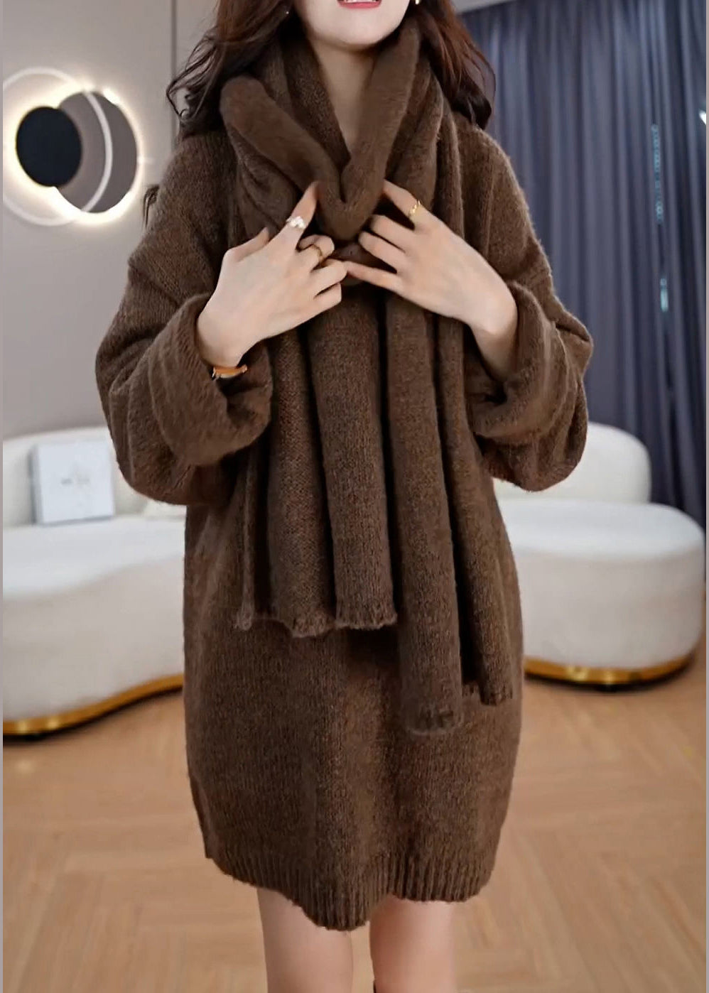 Style Coffee V Neck Oversized Knit Sweater Dress Winter Ada Fashion