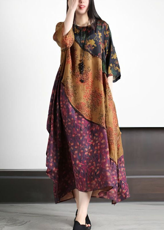 Style Colorblock O Neck Print Asymmetrical Design Patchwork Silk Dress Summer LY4561 - fabuloryshop