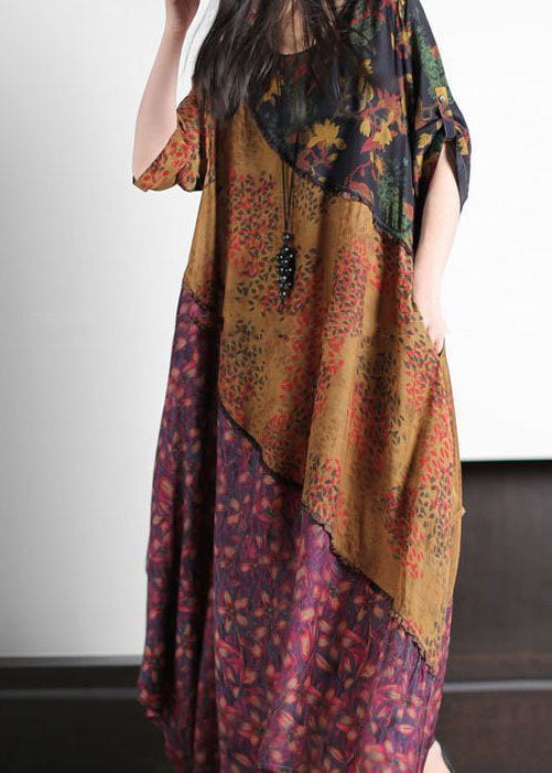 Style Colorblock O Neck Print Asymmetrical Design Patchwork Silk Dress Summer LY4561 - fabuloryshop