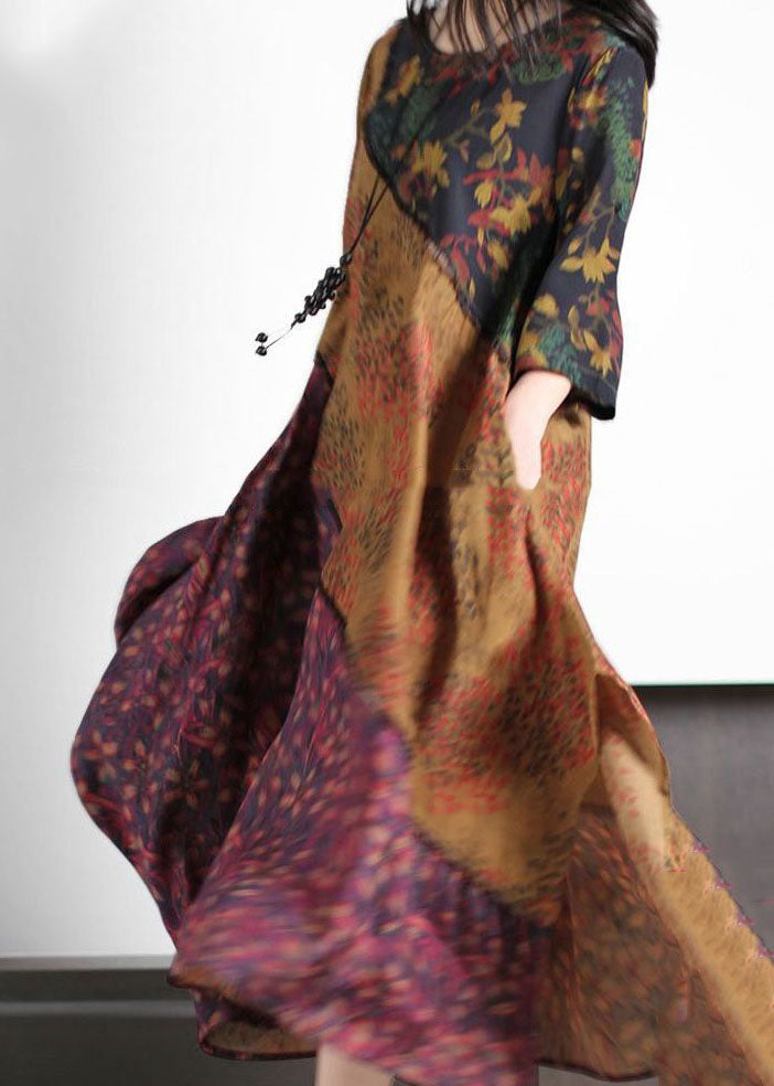 Style Colorblock O Neck Print Asymmetrical Design Patchwork Silk Dress Summer LY4561 - fabuloryshop