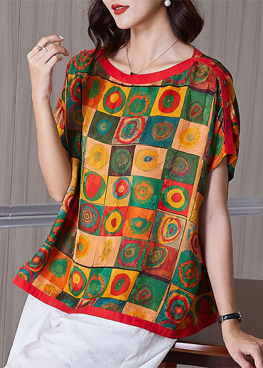 Style Colorblock O Neck Print Patchwork Silk T Shirt Tops Summer TF1039 - fabuloryshop