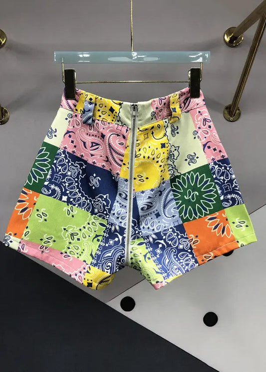 Style Colorblock Zip Up Print Pockets Patchwork Denim Shorts Summer Ada Fashion
