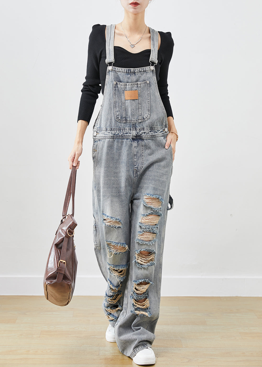 Style Denim Blue Oversized Cotton Ripped Jumpsuit Fall Ada Fashion