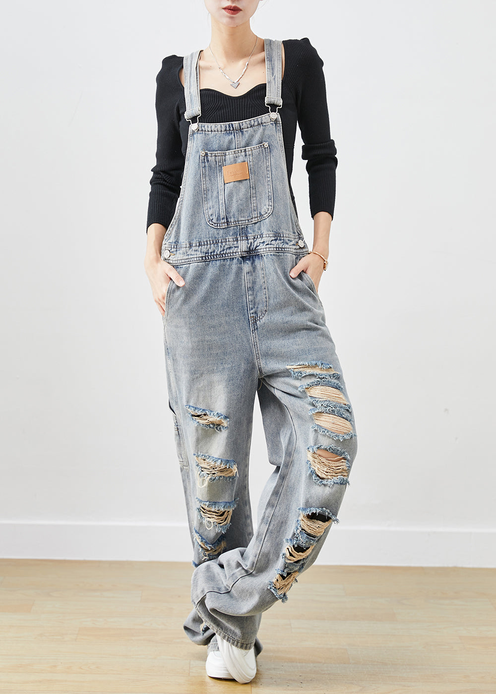 Style Denim Blue Oversized Cotton Ripped Jumpsuit Fall Ada Fashion