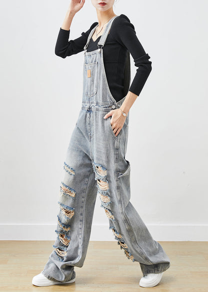 Style Denim Blue Oversized Cotton Ripped Jumpsuit Fall Ada Fashion