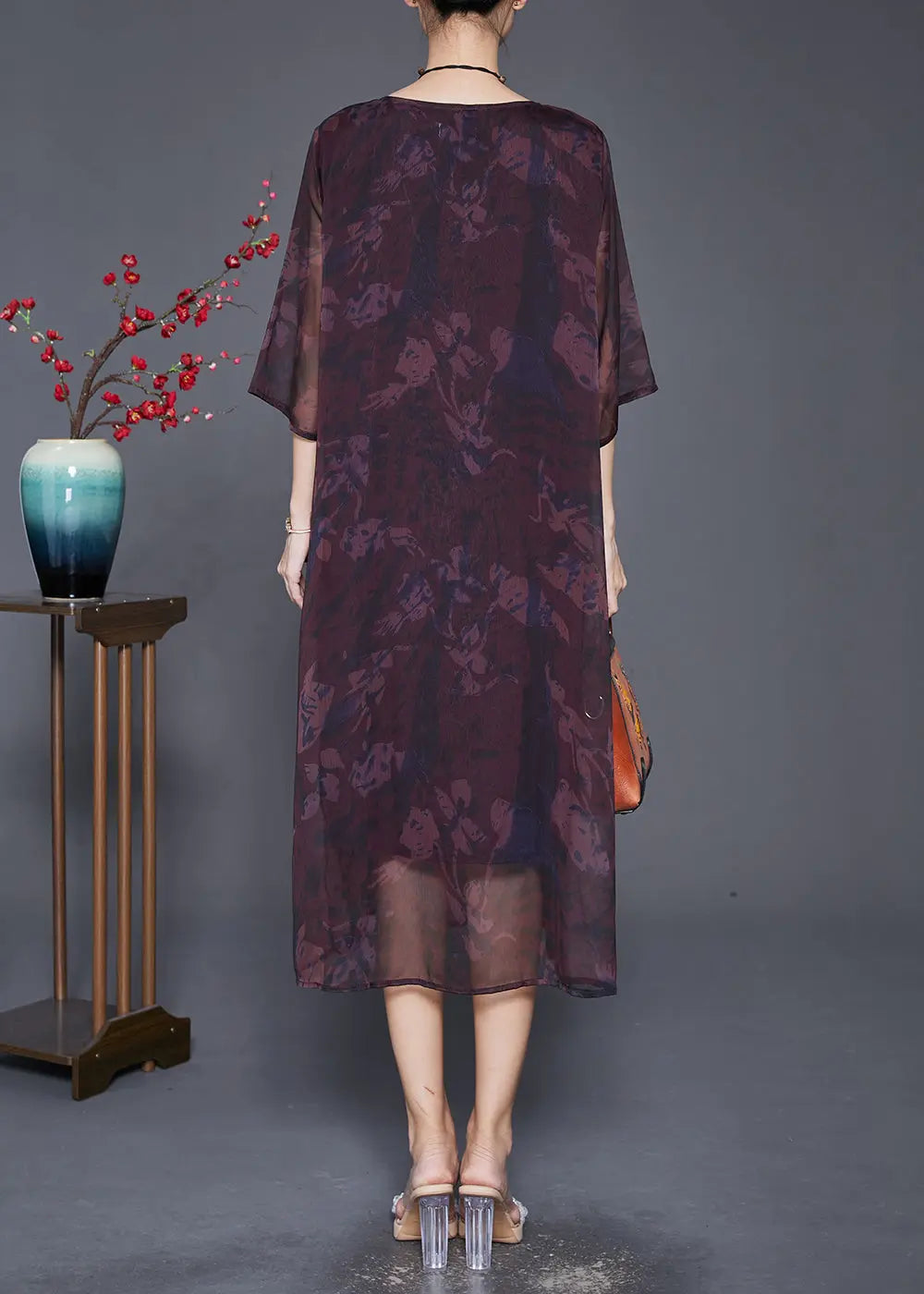 Style Dull Red Oversized Print Silk Dress Fall Ada Fashion