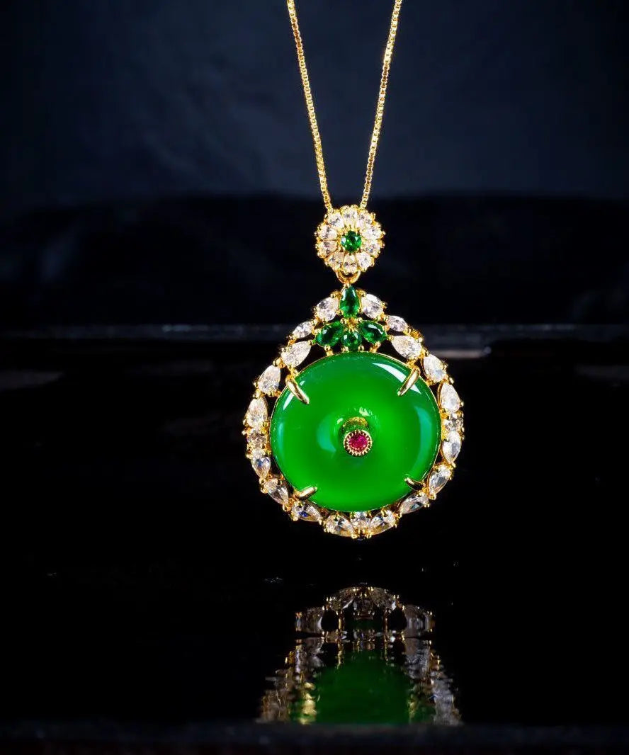 Style Gold Green Agate Zircon Circular Pendant Necklace Ada Fashion