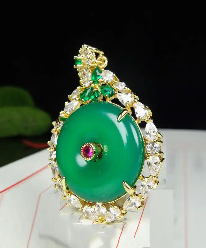 Style Gold Green Agate Zircon Circular Pendant Necklace Ada Fashion