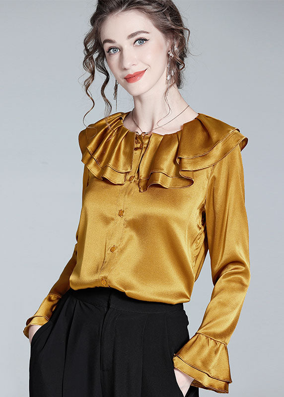 Style Gold Ruffled Patchwork Button Silk Shirt Flare Sleeve LY0976 - fabuloryshop