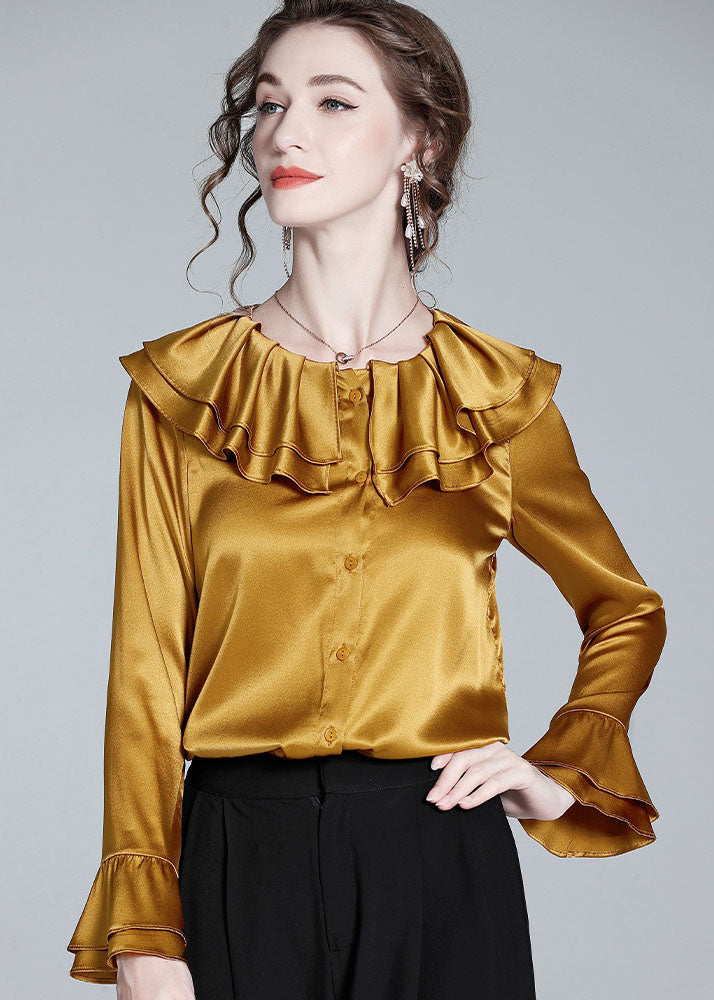 Style Gold Ruffled Patchwork Button Silk Shirt Flare Sleeve LY0976 - fabuloryshop