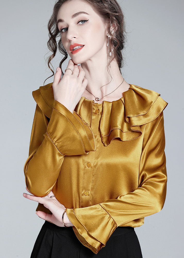 Style Gold Ruffled Patchwork Button Silk Shirt Flare Sleeve LY0976 - fabuloryshop